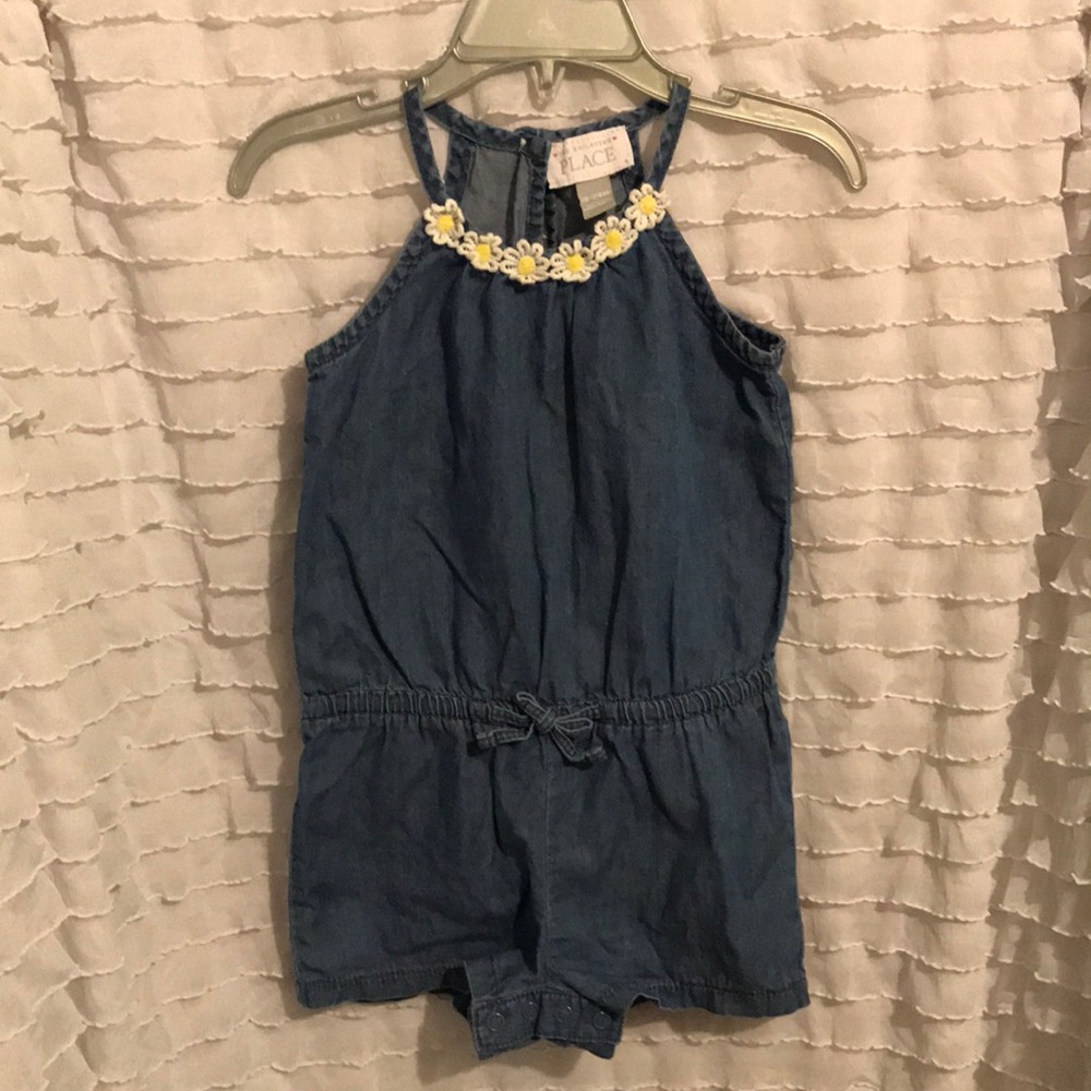 Super soft denim romper with sunflowers